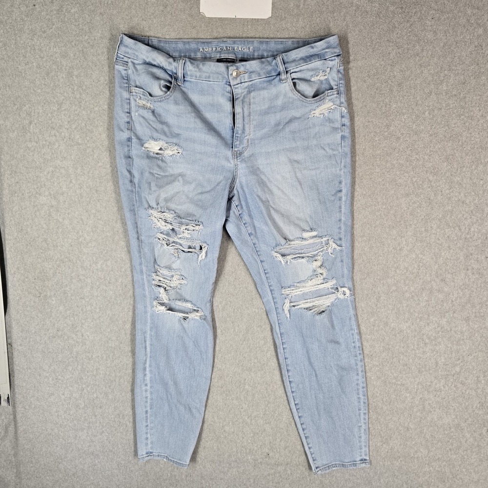 American Eagle Women Jeans 18 Light Blue Denim Curvy High-Rise Distressed
